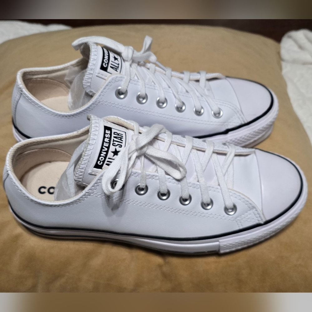 Converse White Low Top Platform Sneakers with Black Trim - Picture 8 of 12